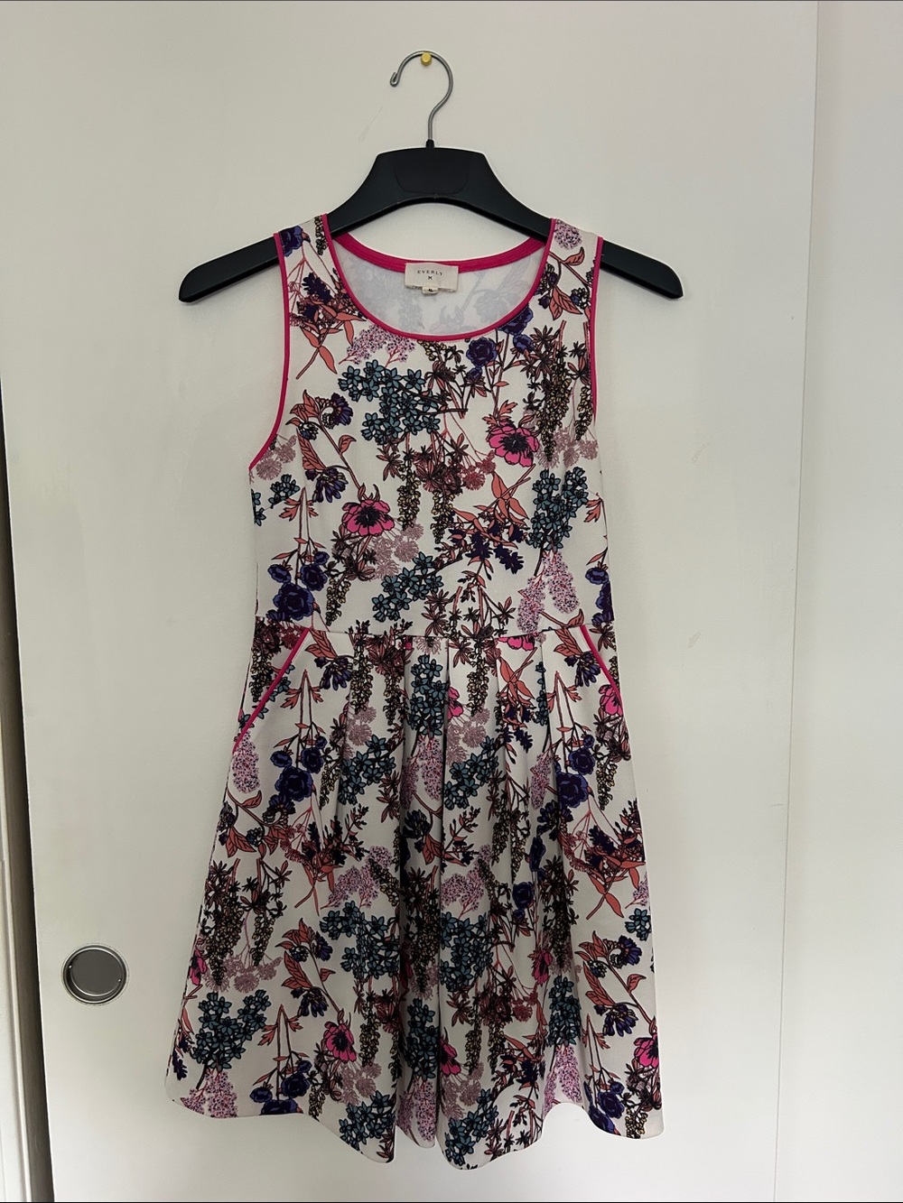 Everly White Floral Tank Dress with Pink Trim